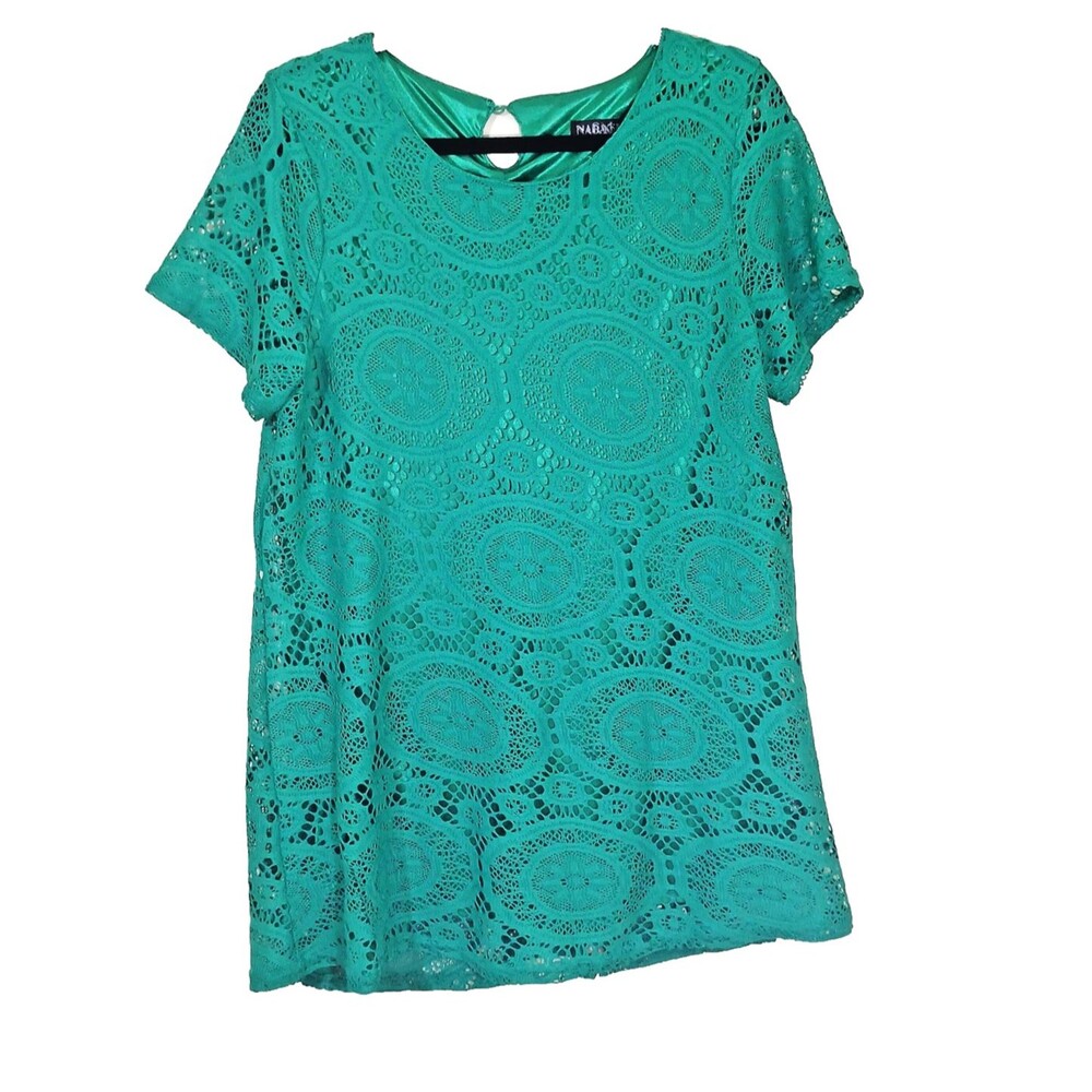 Vintage Women's Green Floral Lace Blouse Top Short Sleeve L/XL Fully Lined
